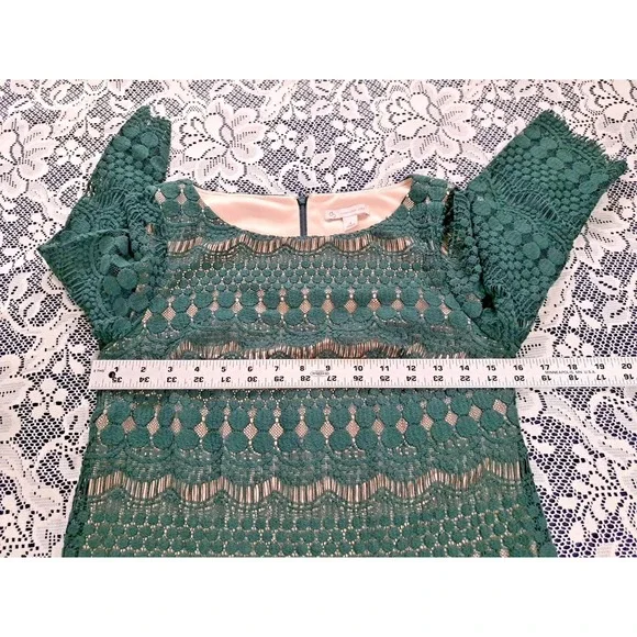 DB established 1962 Dress 4 Green Lace Overlay Tan Lining 3/4 Sleeve Back Zipper - Picture 7 of 10